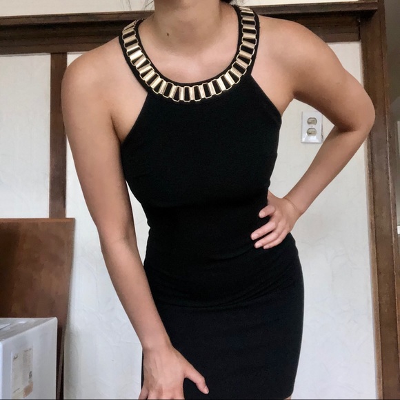 Black Bodycon Dress with Gold Chain Halter Dress - Picture 2 of 4